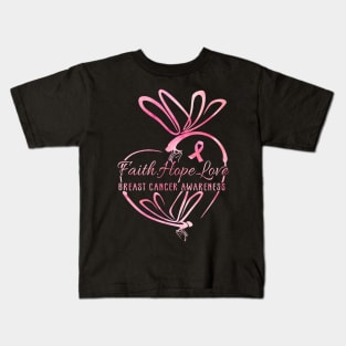 Dragonfly Faith Hope Love Breast Cancer Awareness Kids T-Shirt